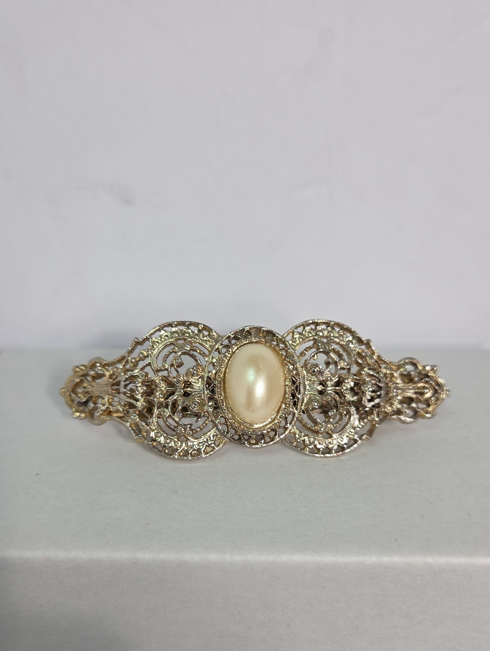 Vintage Gold Filigree Barrette with Pearl Cabochon Made In France